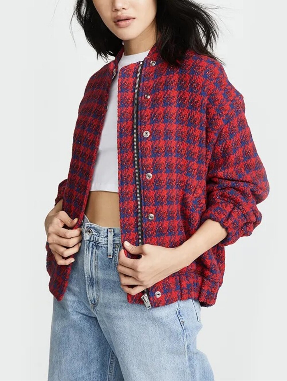 IRO Quileddy 18S Metallic Tweed Bomber Jacket in Red & Blue